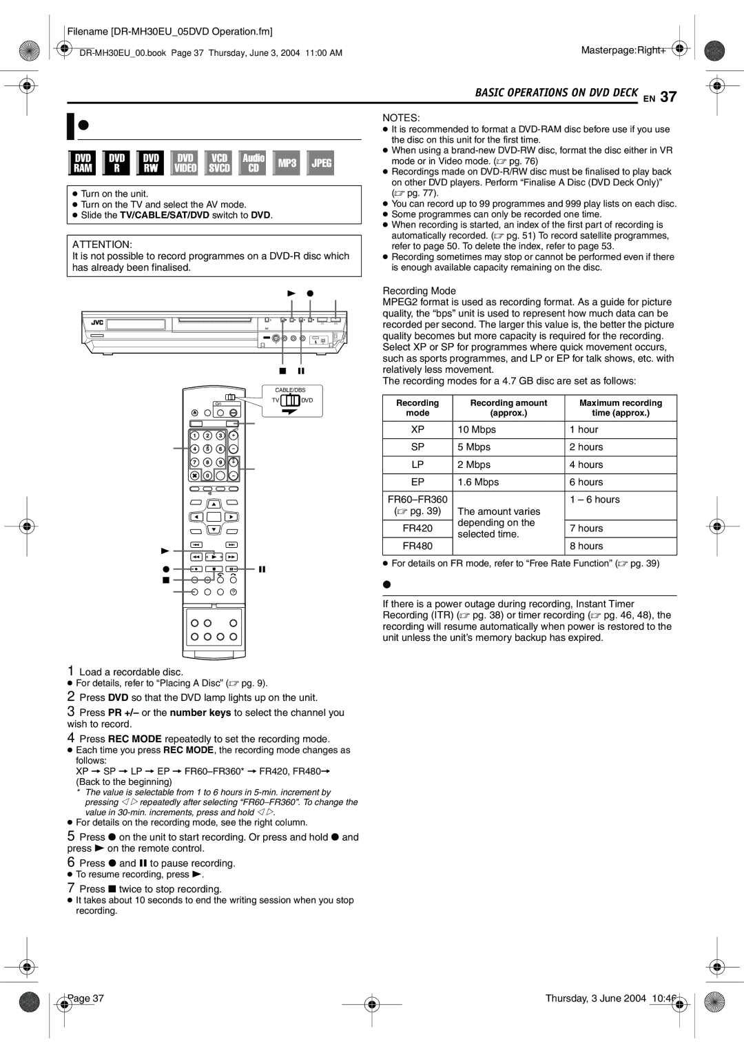 JVC DR-MH20B, DR-MH30B manual Basic Recording, Recording Resume Function, Recording Mode 