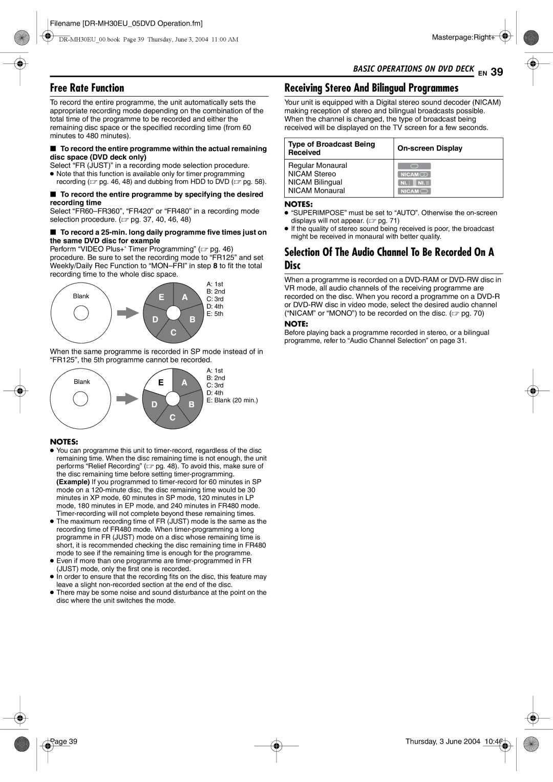 JVC DR-MH20B manual Free Rate Function, Selection Of The Audio Channel To Be Recorded On a Disc, Type of Broadcast Being 