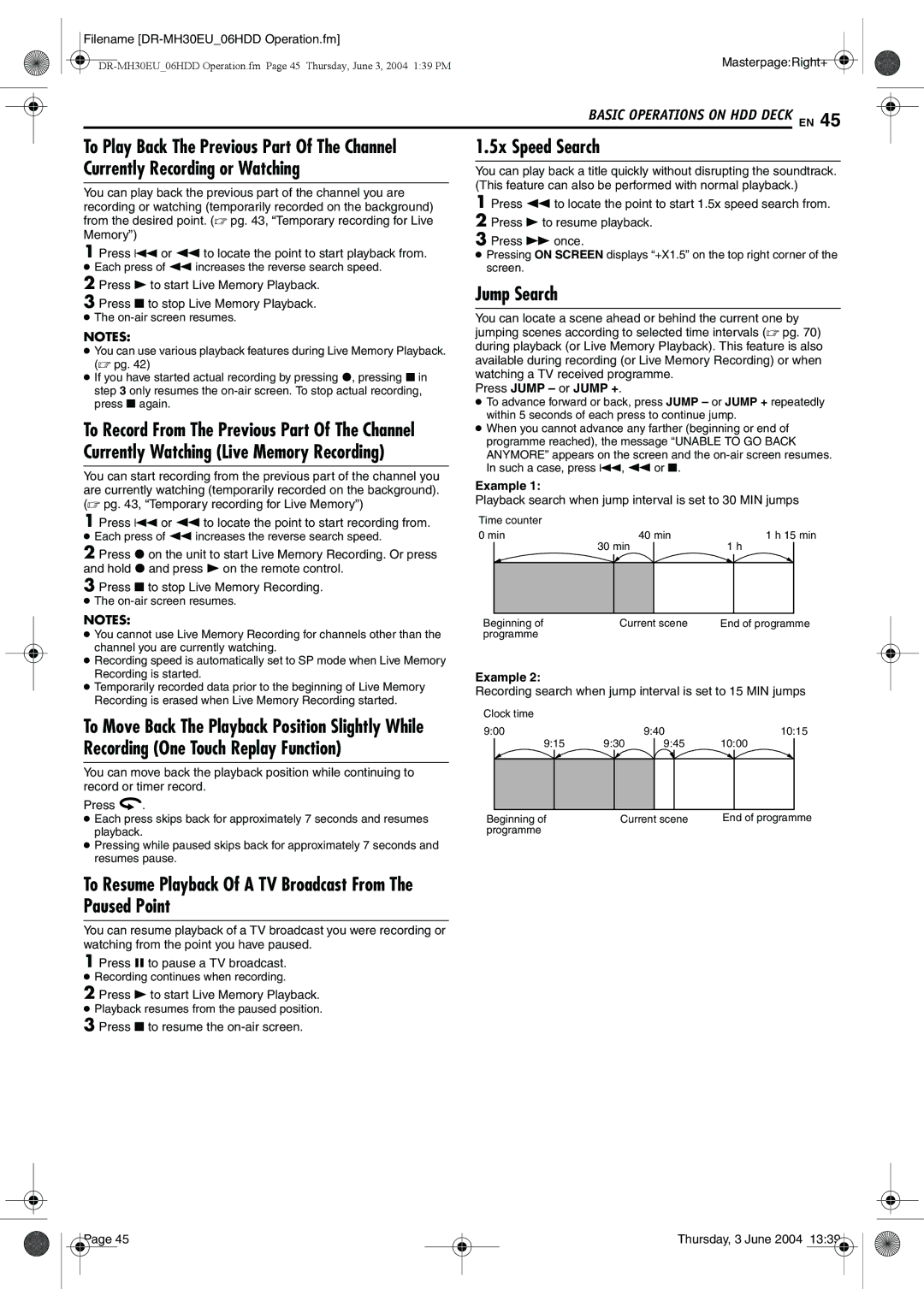 JVC DR-MH20B, DR-MH30B manual 5x Speed Search, Jump Search, To Resume Playback Of a TV Broadcast From The Paused Point 