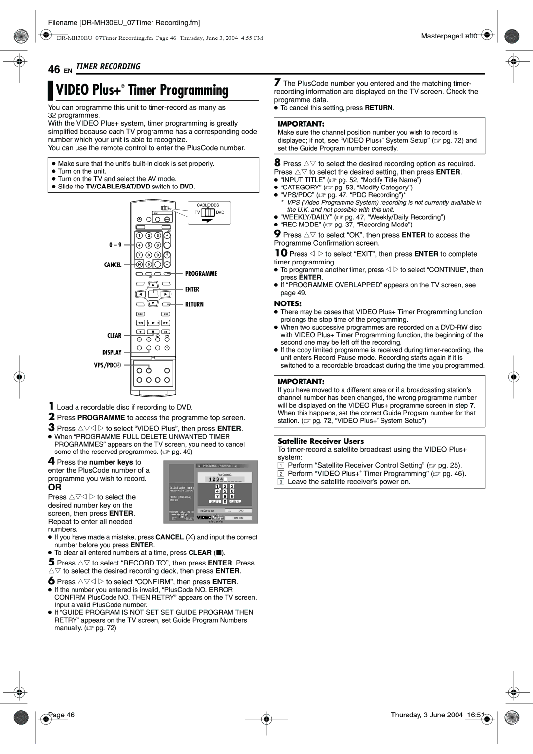 JVC DR-MH30B, DR-MH20B manual Satellite Receiver Users 