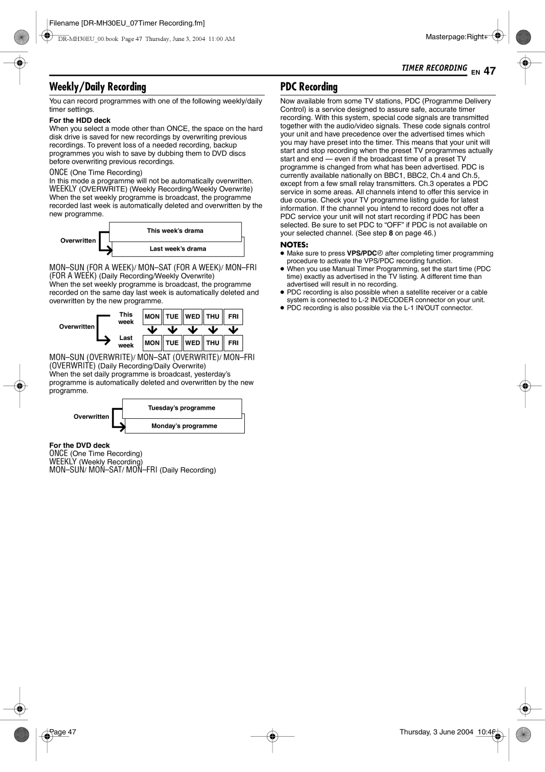 JVC DR-MH20B, DR-MH30B manual Weekly/Daily Recording, PDC Recording, For the HDD deck, For the DVD deck 