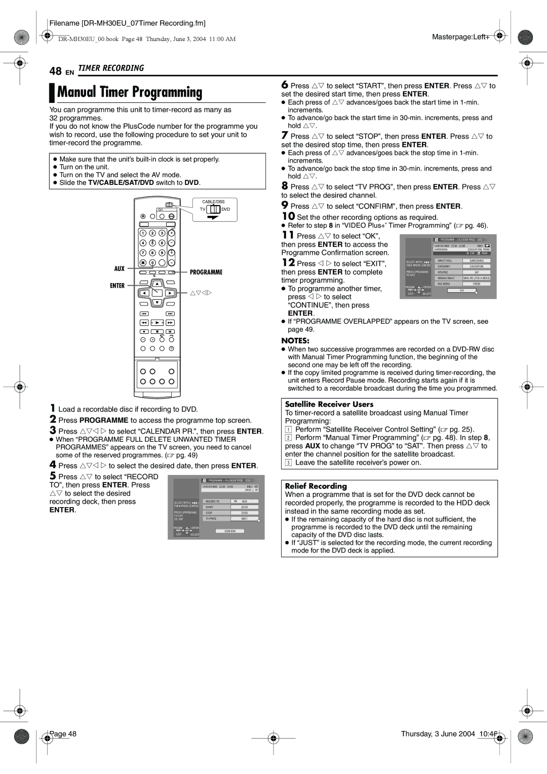 JVC DR-MH30B, DR-MH20B manual Manual Timer Programming, Relief Recording 