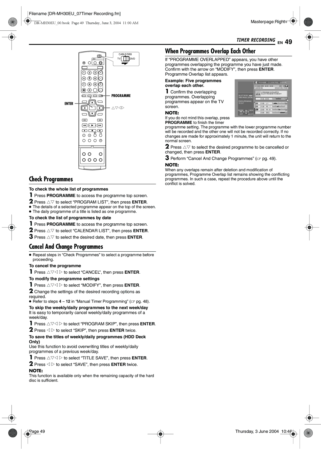 JVC DR-MH20B, DR-MH30B manual Check Programmes, When Programmes Overlap Each Other, Cancel And Change Programmes 