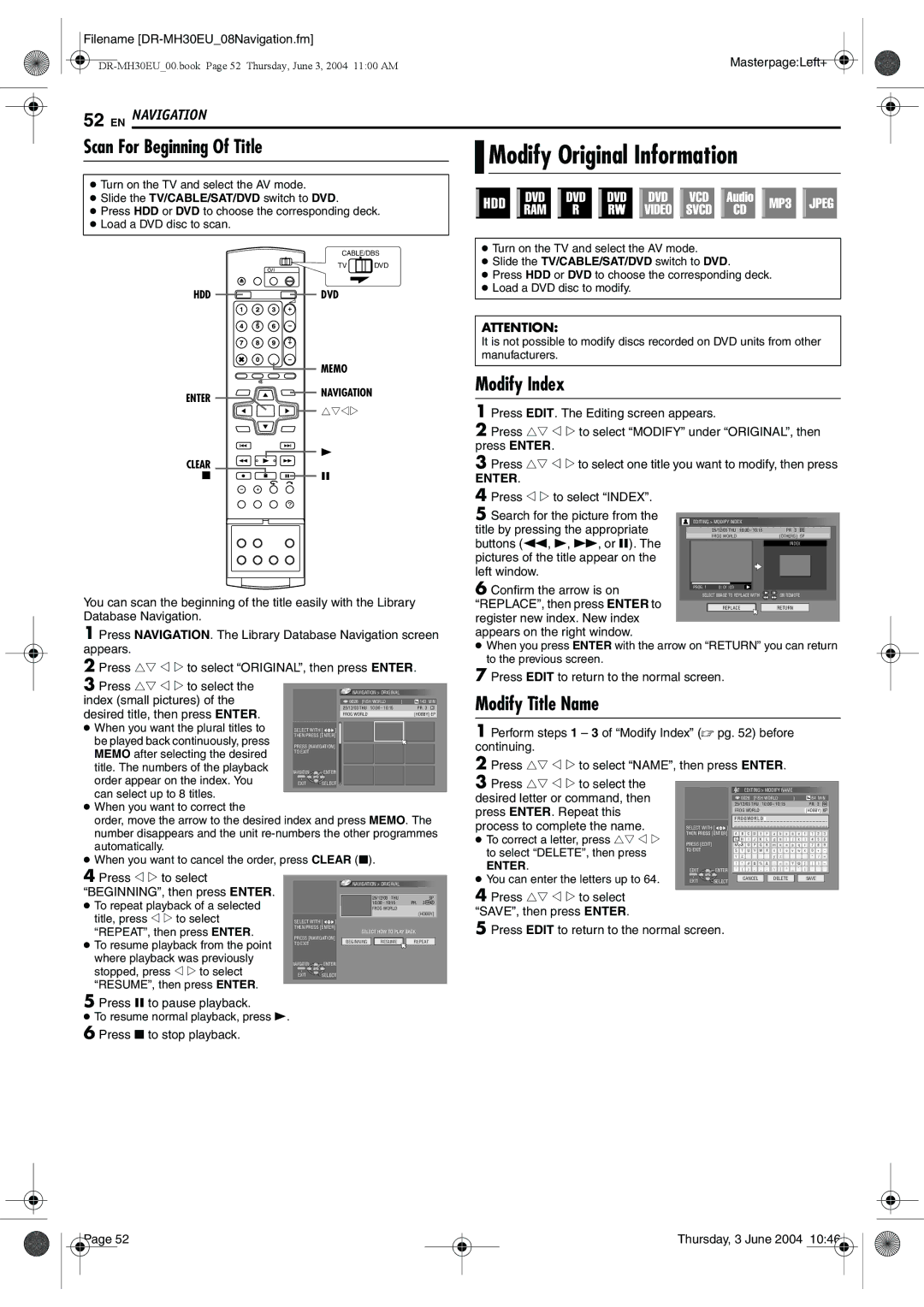 JVC DR-MH30B, DR-MH20B manual Modify Original Information, Scan For Beginning Of Title, Modify Index, Modify Title Name 