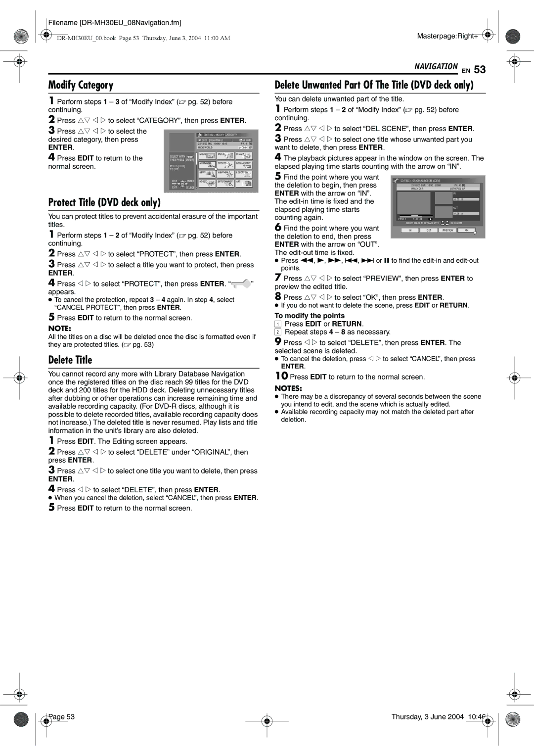 JVC DR-MH20B Modify Category, Delete Unwanted Part Of The Title DVD deck only, Protect Title DVD deck only, Delete Title 