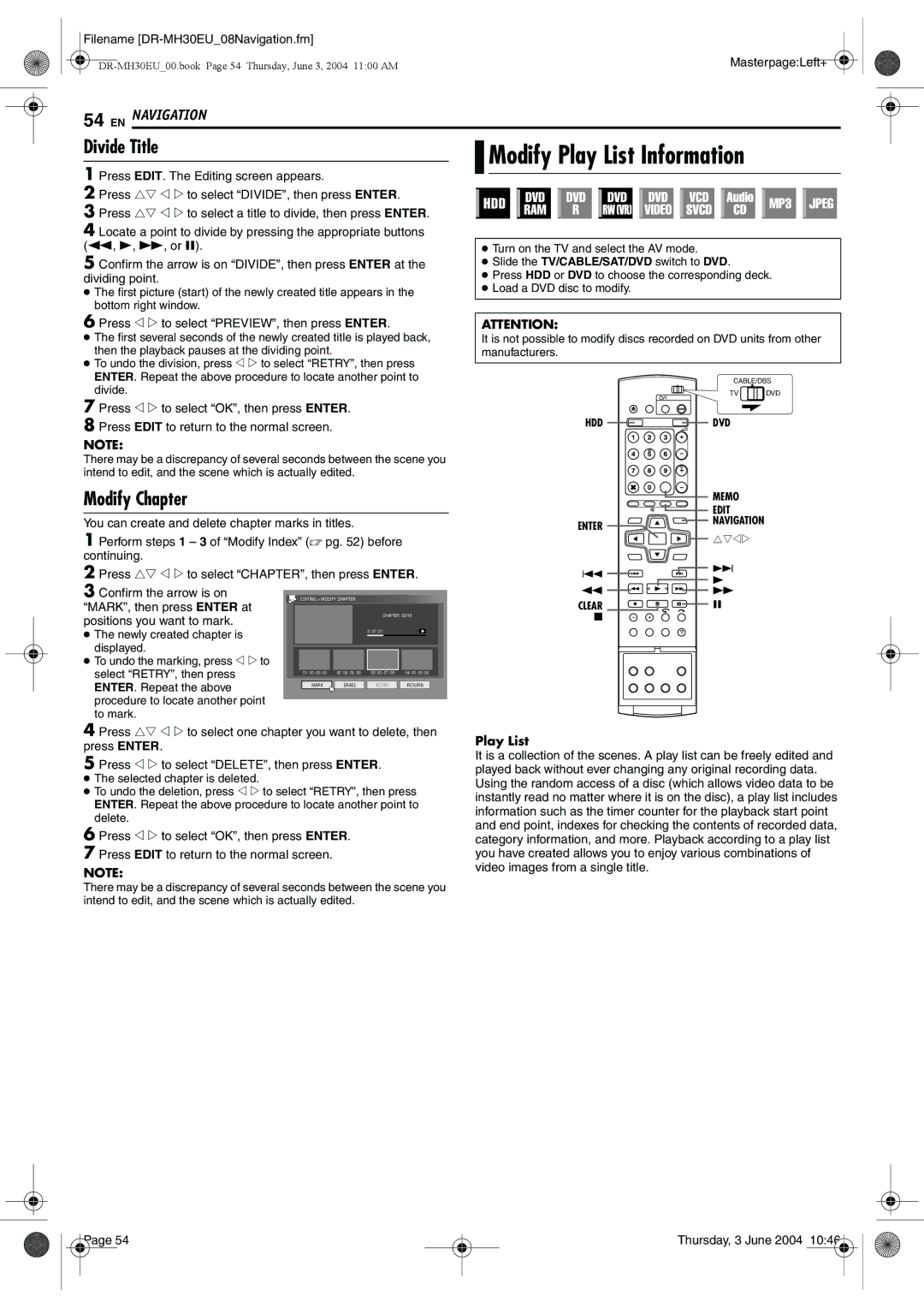 JVC DR-MH30B, DR-MH20B manual Modify Play List Information, Divide Title, Modify Chapter 