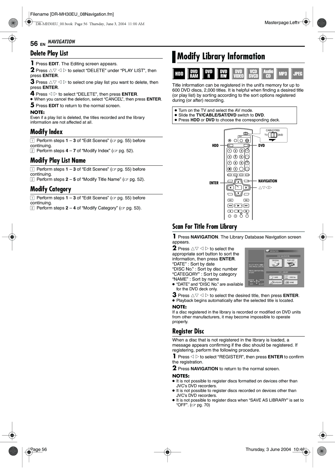 JVC DR-MH30B, DR-MH20B Modify Library Information, Delete Play List, Modify Play List Name, Scan For Title From Library 