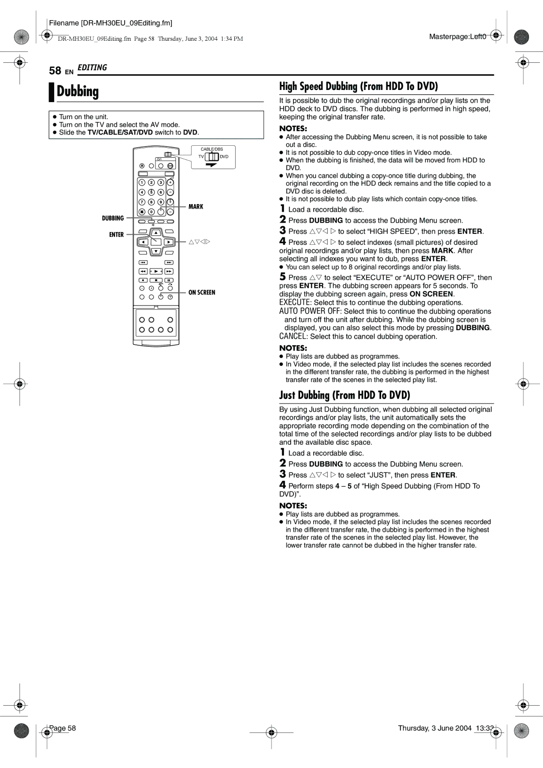 JVC DR-MH30B manual High Speed Dubbing From HDD To DVD, Just Dubbing From HDD To DVD, Filename DR-MH30EU09Editing.fm 