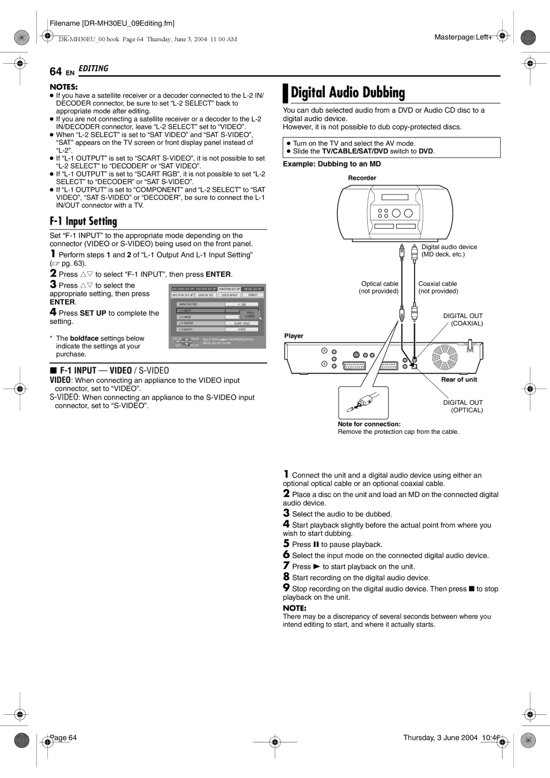 JVC DR-MH30B, DR-MH20B manual Digital Audio Dubbing, Input Setting, Example Dubbing to an MD 