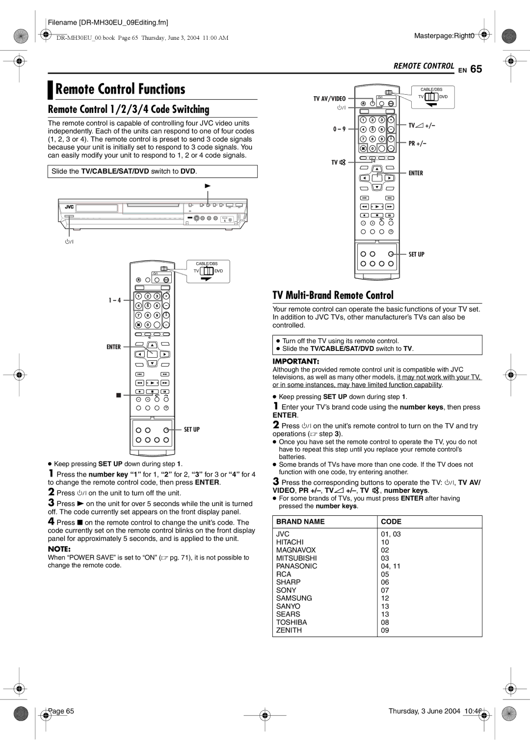 JVC DR-MH20B, DR-MH30B manual Remote Control Functions, Remote Control 1/2/3/4 Code Switching, TV Multi-Brand Remote Control 