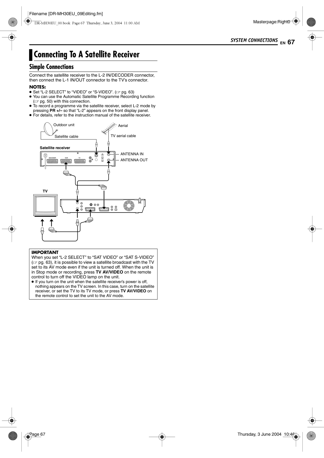 JVC DR-MH20B, DR-MH30B manual Connecting To a Satellite Receiver, Simple Connections 