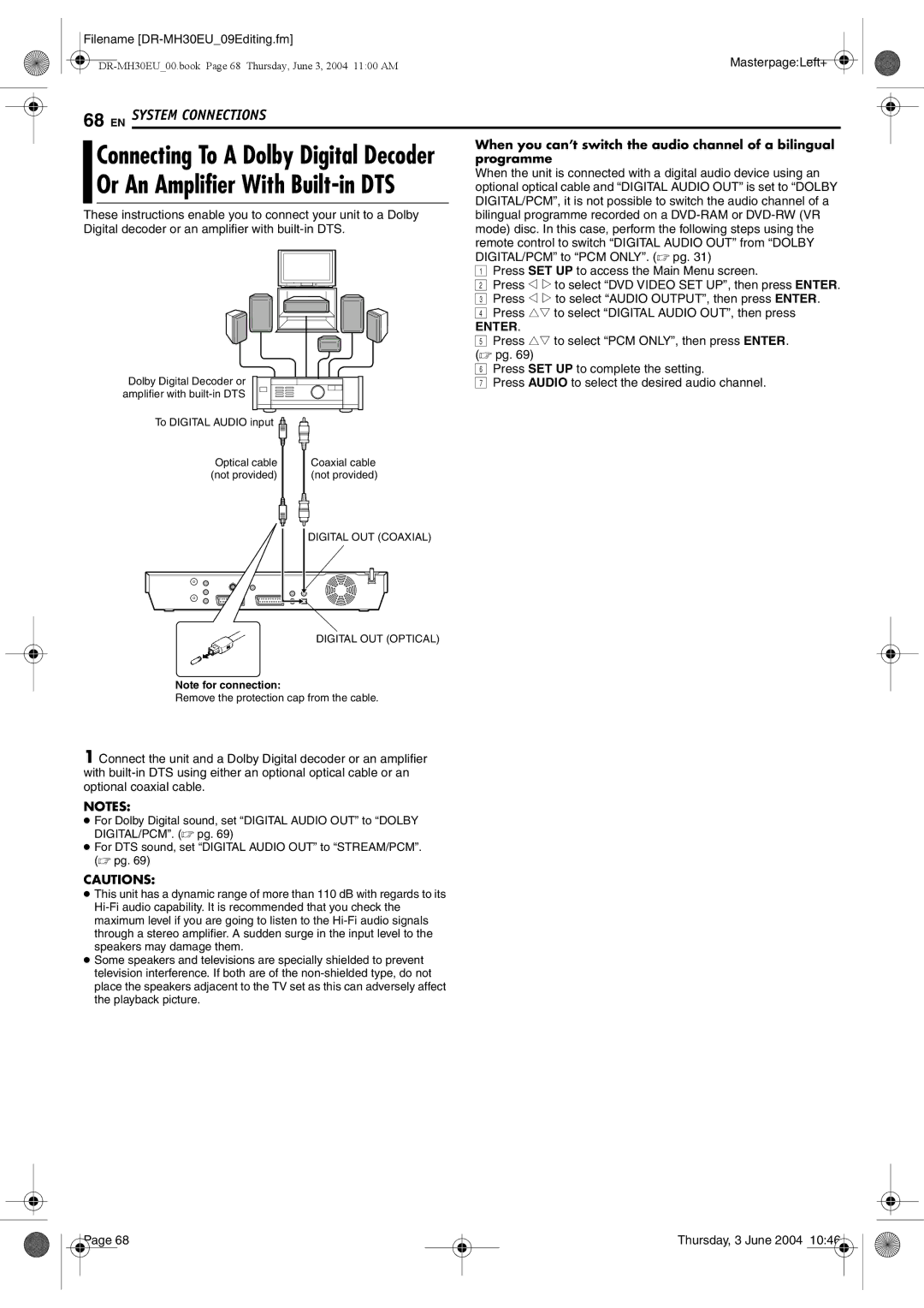 JVC DR-MH30B, DR-MH20B manual Or An Amplifier With Built-in DTS 