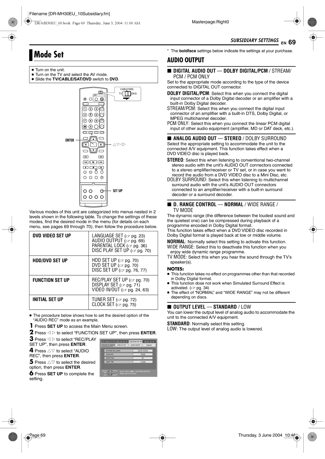 JVC DR-MH20B, DR-MH30B manual Mode Set 