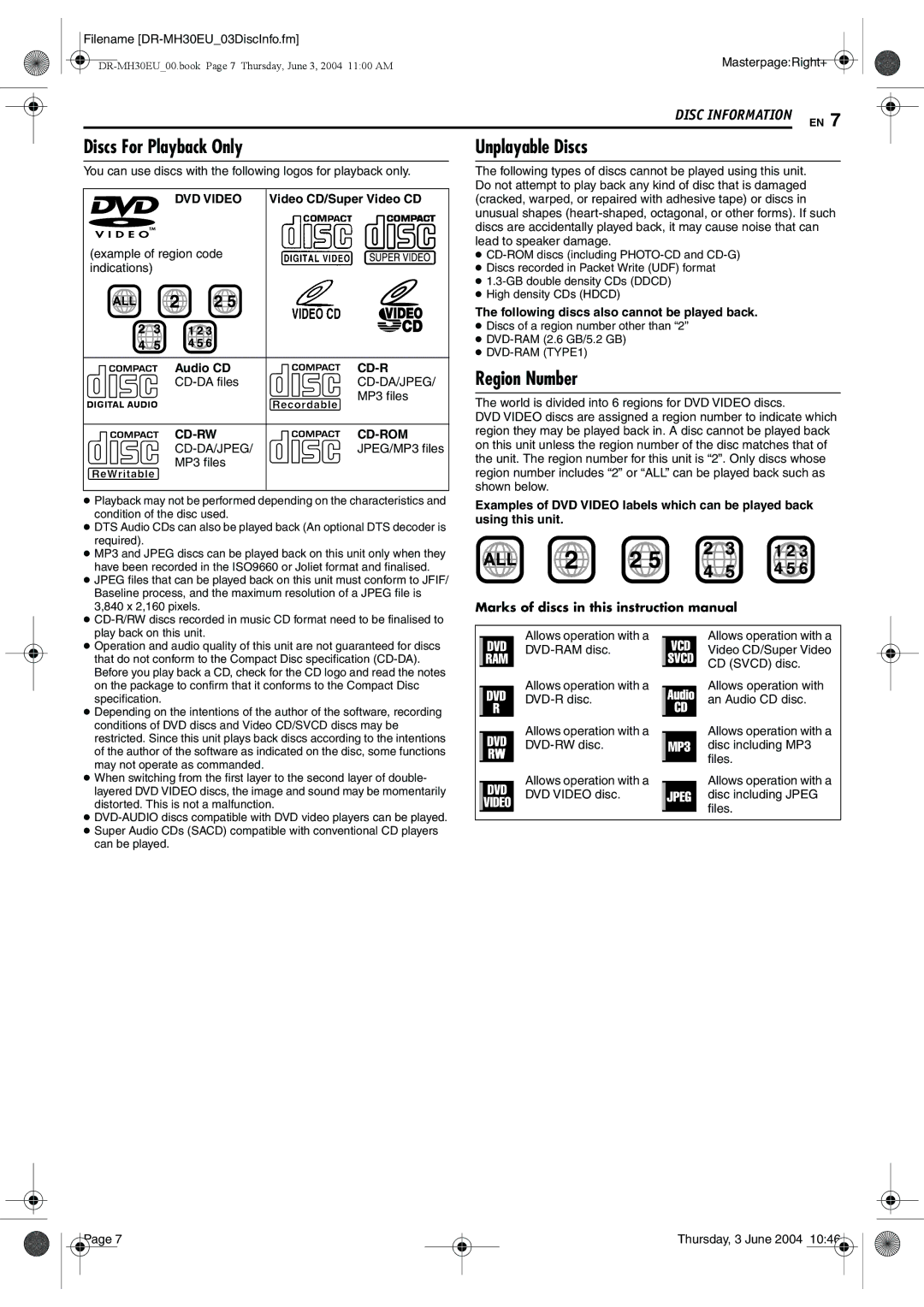 JVC DR-MH20B, DR-MH30B manual Discs For Playback Only, Region Number, Video CD/Super Video CD, Audio CD 