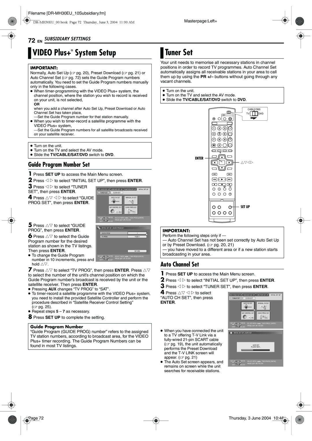 JVC DR-MH30B, DR-MH20B manual Video Plus+ System Setup, Tuner Set, Guide Program Number Set, Auto Channel Set 