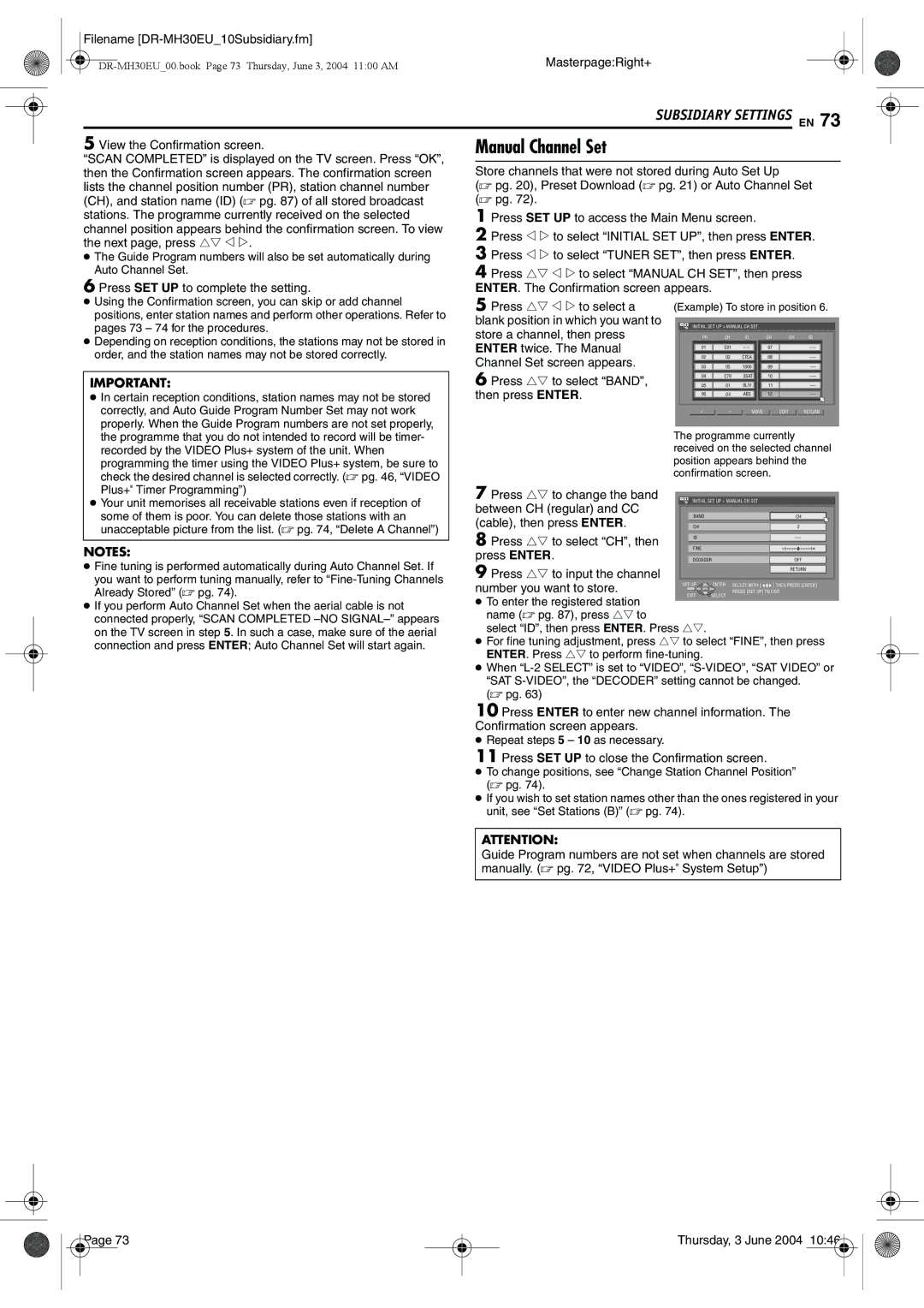 JVC DR-MH20B, DR-MH30B manual Manual Channel Set 