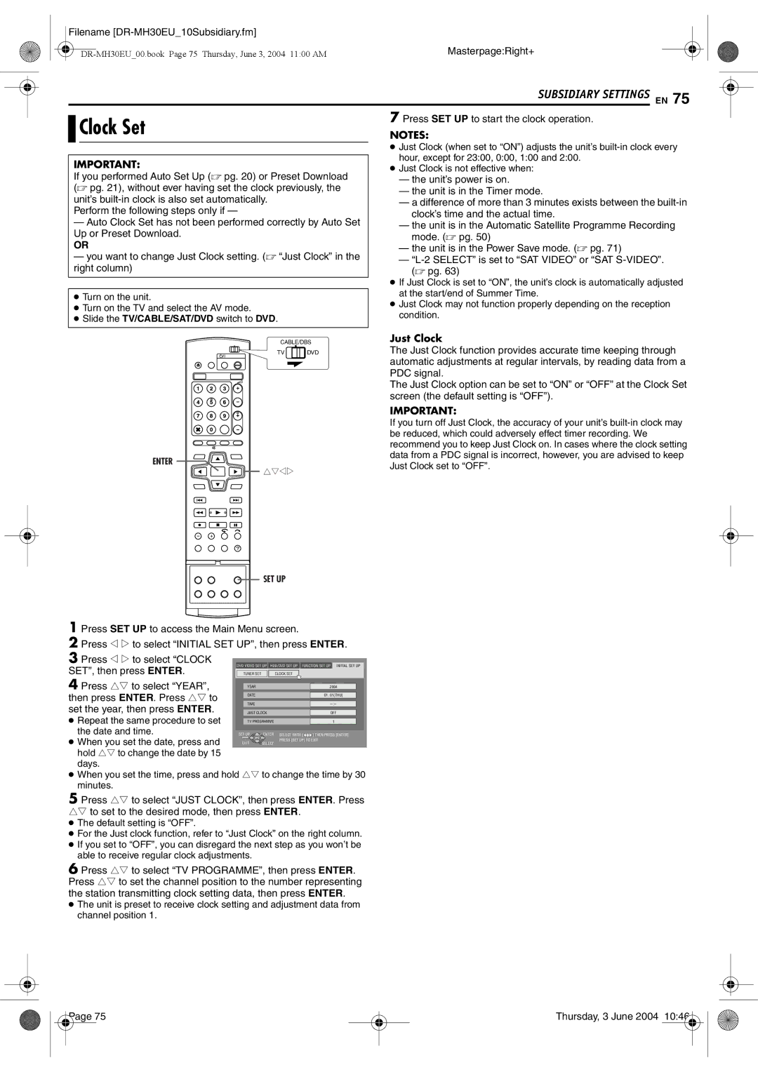 JVC DR-MH20B, DR-MH30B manual Clock Set, Just Clock 