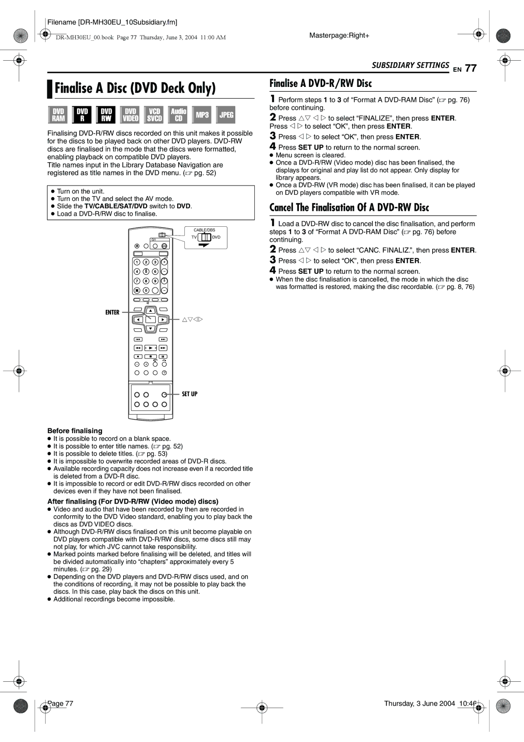 JVC DR-MH20B, DR-MH30B Finalise a Disc DVD Deck Only, Finalise a DVD-R/RW Disc, Cancel The Finalisation Of a DVD-RW Disc 