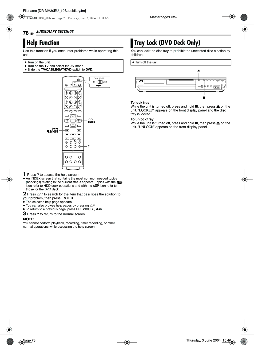 JVC DR-MH30B, DR-MH20B manual Help Function, Tray Lock DVD Deck Only, To lock tray, To unlock tray 