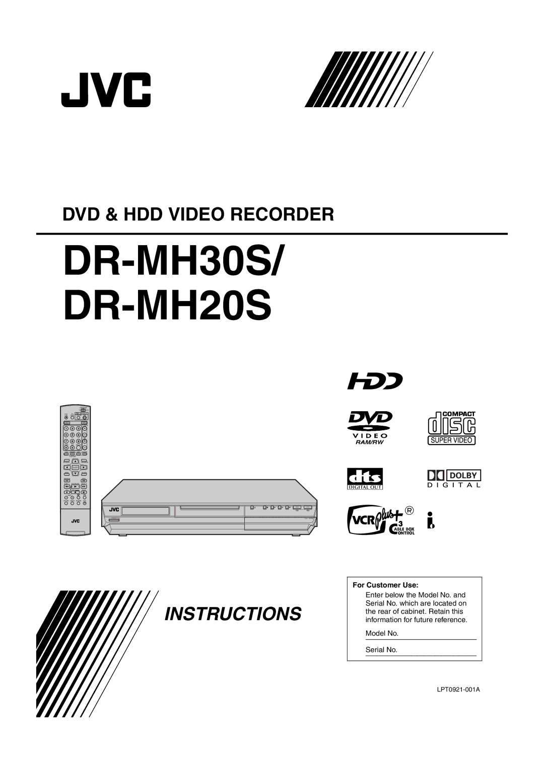 JVC DR-MH20S, DR-MH30S manual For Customer Use, Model No Serial No 