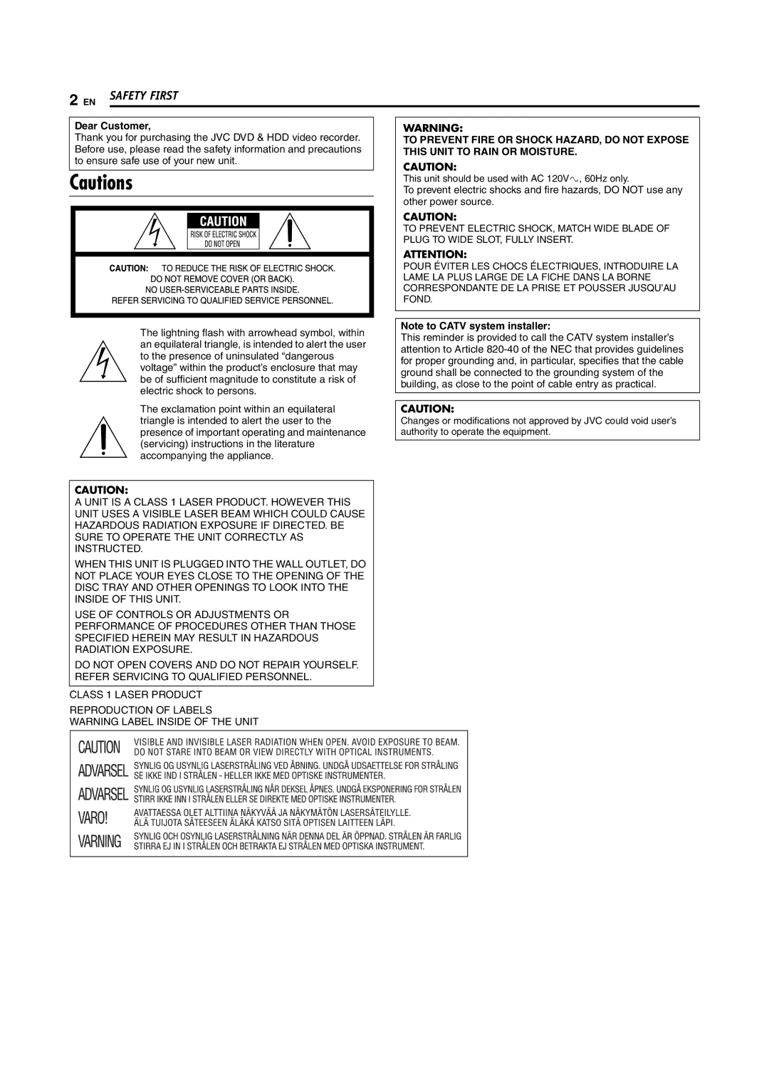 JVC DR-MH30S, DR-MH20S manual Dear Customer, This unit should be used with AC 120Vd, 60Hz only 