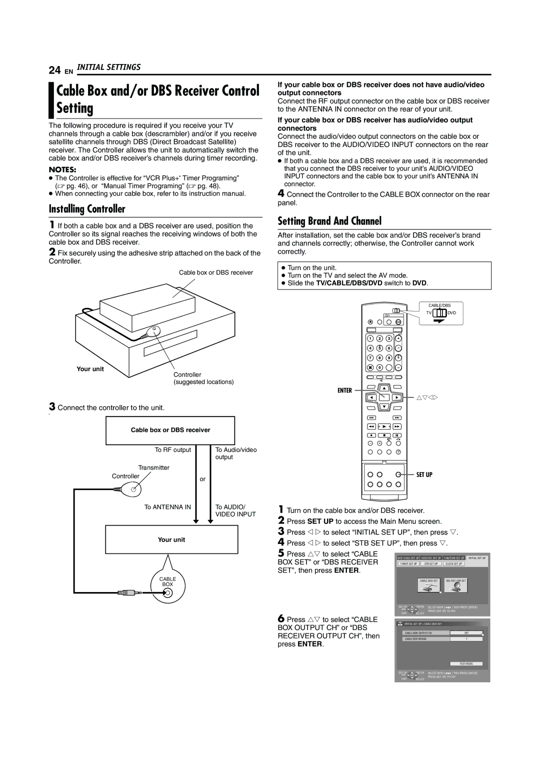 JVC DR-MH30S, DR-MH20S Cable Box and/or DBS Receiver Control Setting, Installing Controller, Setting Brand And Channel 