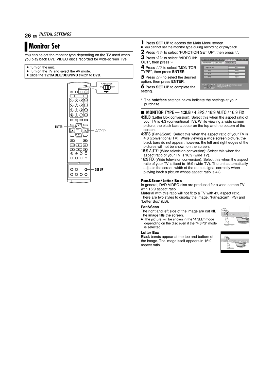 JVC DR-MH30S, DR-MH20S manual Monitor Set, OUT, then press t, Pan&Scan/Letter Box 