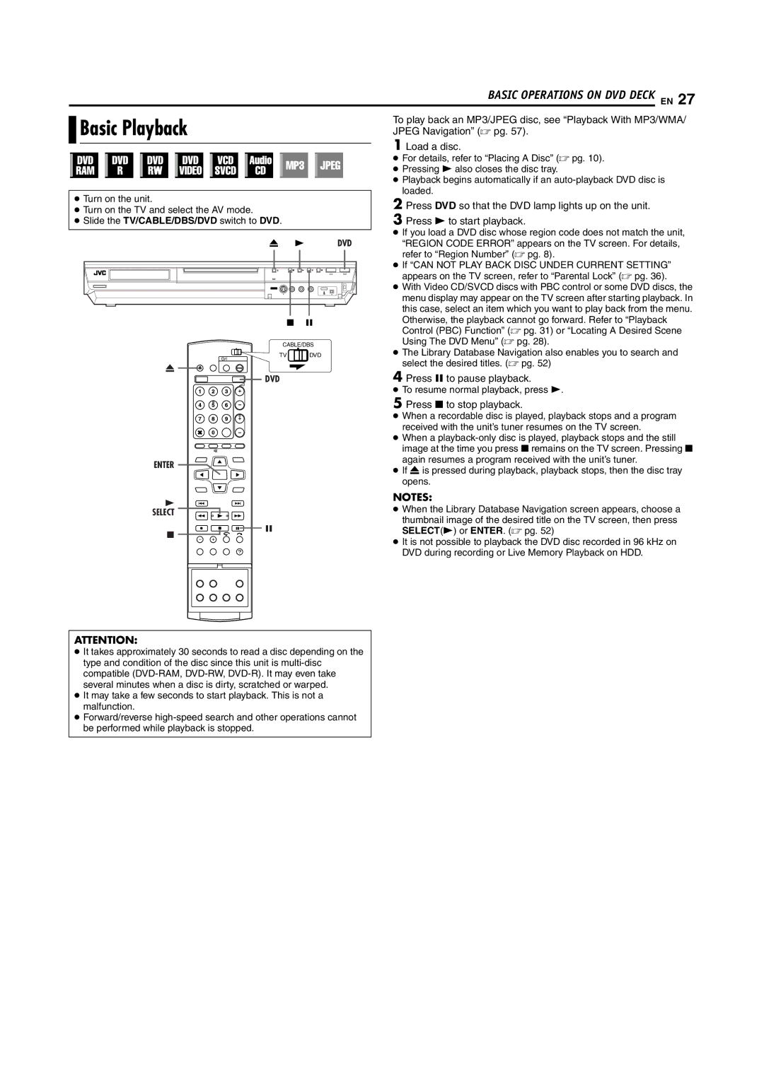 JVC DR-MH20S, DR-MH30S manual Basic Playback 