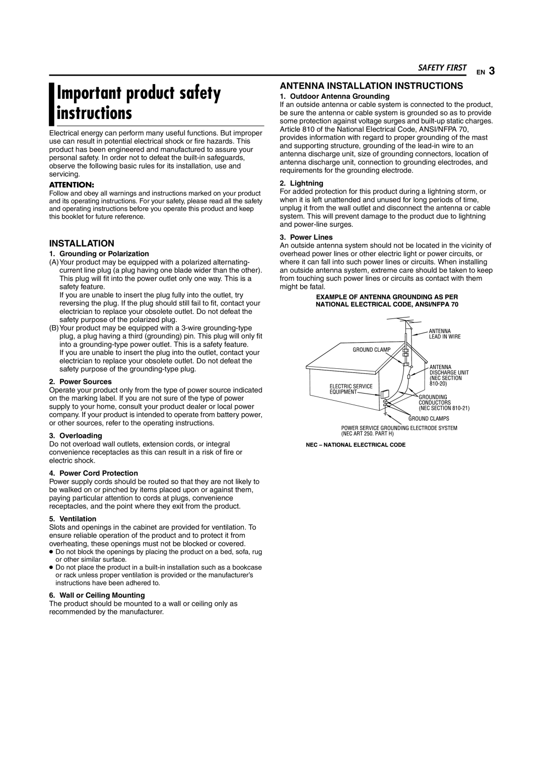 JVC DR-MH20S Outdoor Antenna Grounding, Lightning, Power Lines, Grounding or Polarization, Power Sources, Overloading 