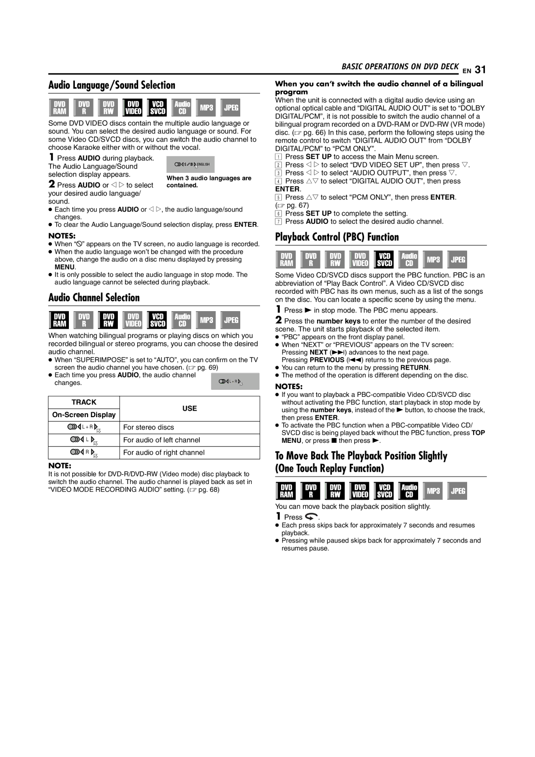 JVC DR-MH20S, DR-MH30S Audio Language/Sound Selection, Playback Control PBC Function, Audio Channel Selection, Track USE 