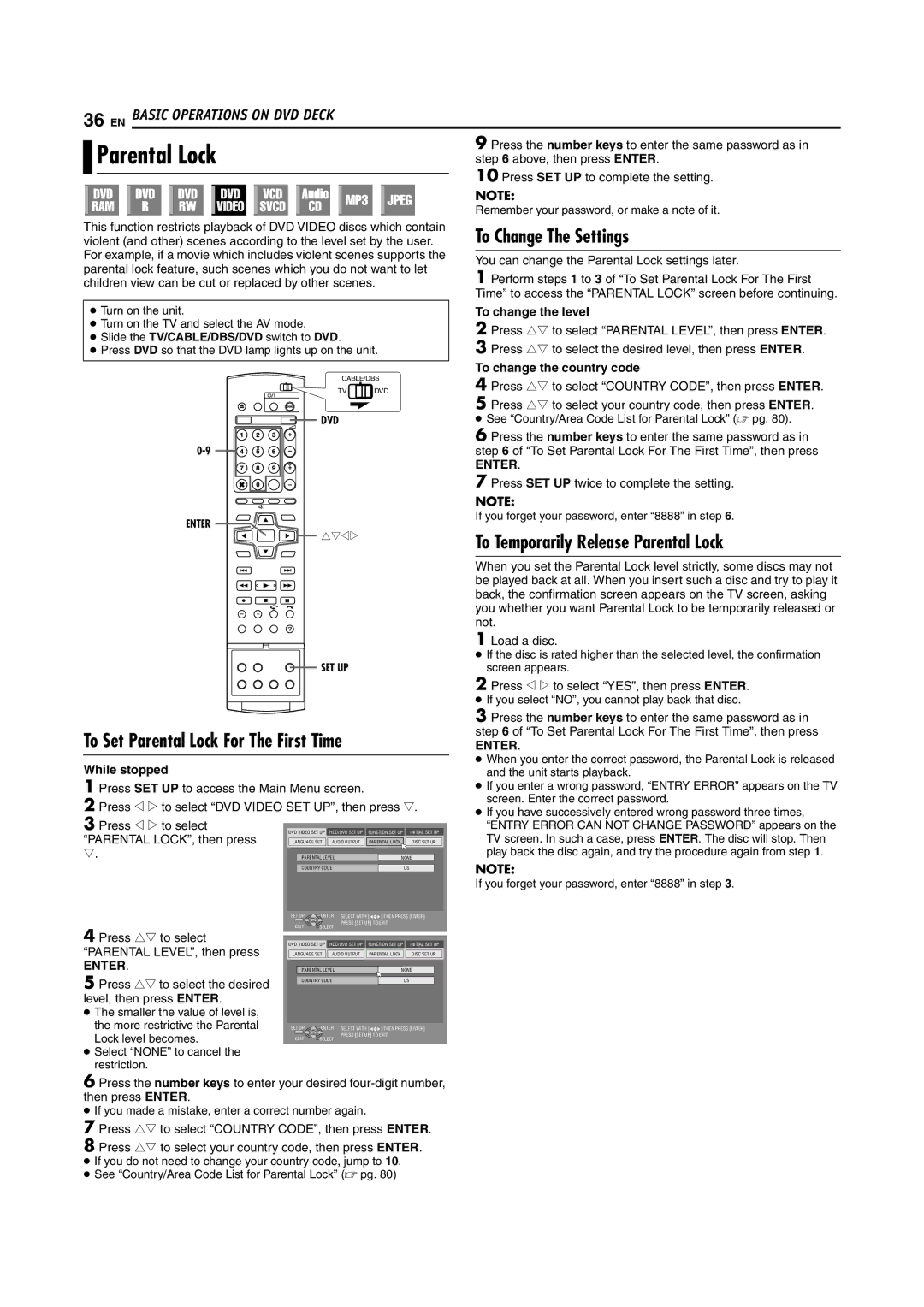 JVC DR-MH30S To Change The Settings, To Set Parental Lock For The First Time, To Temporarily Release Parental Lock 