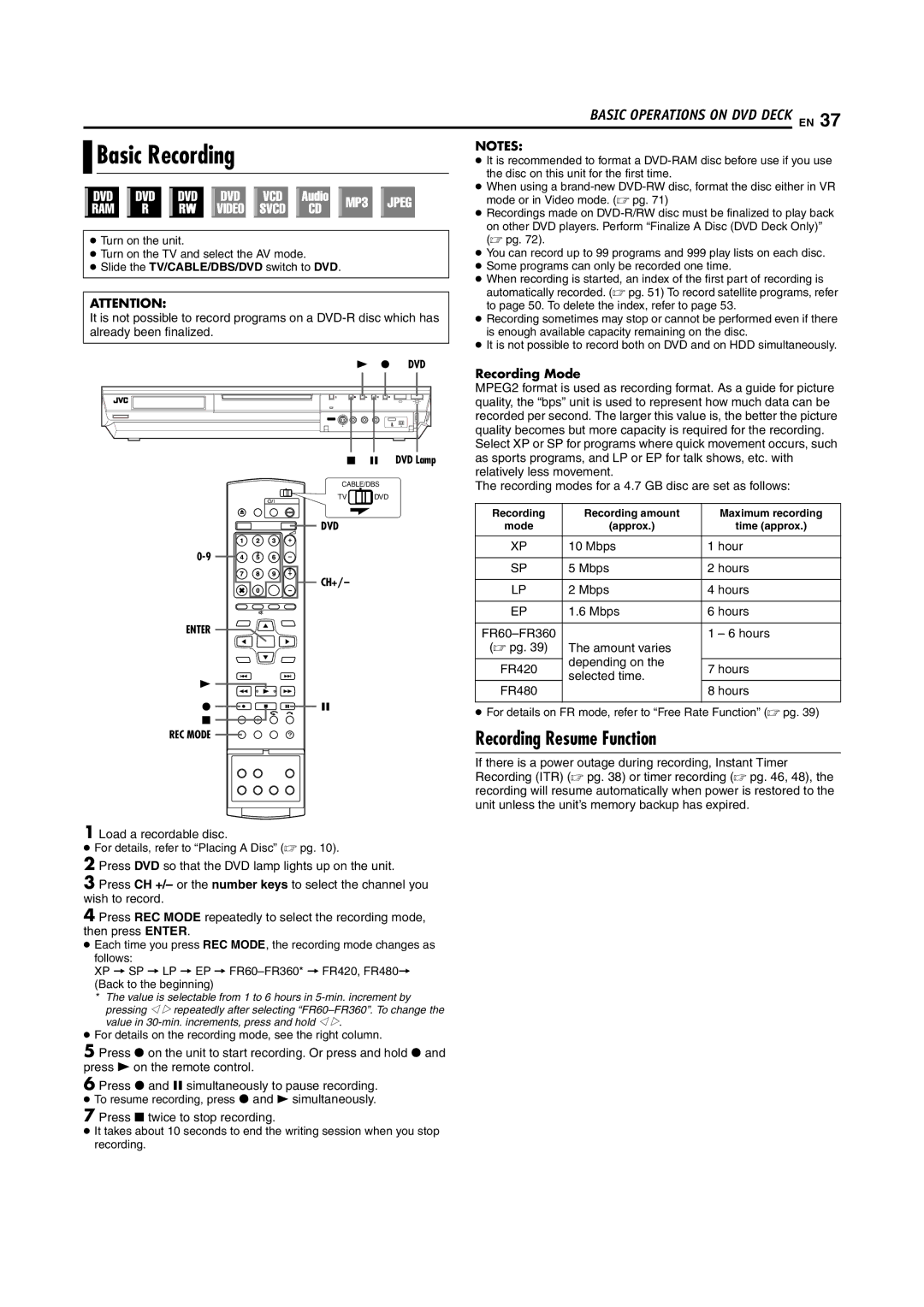 JVC DR-MH20S, DR-MH30S manual Basic Recording, Recording Resume Function, Recording Mode 