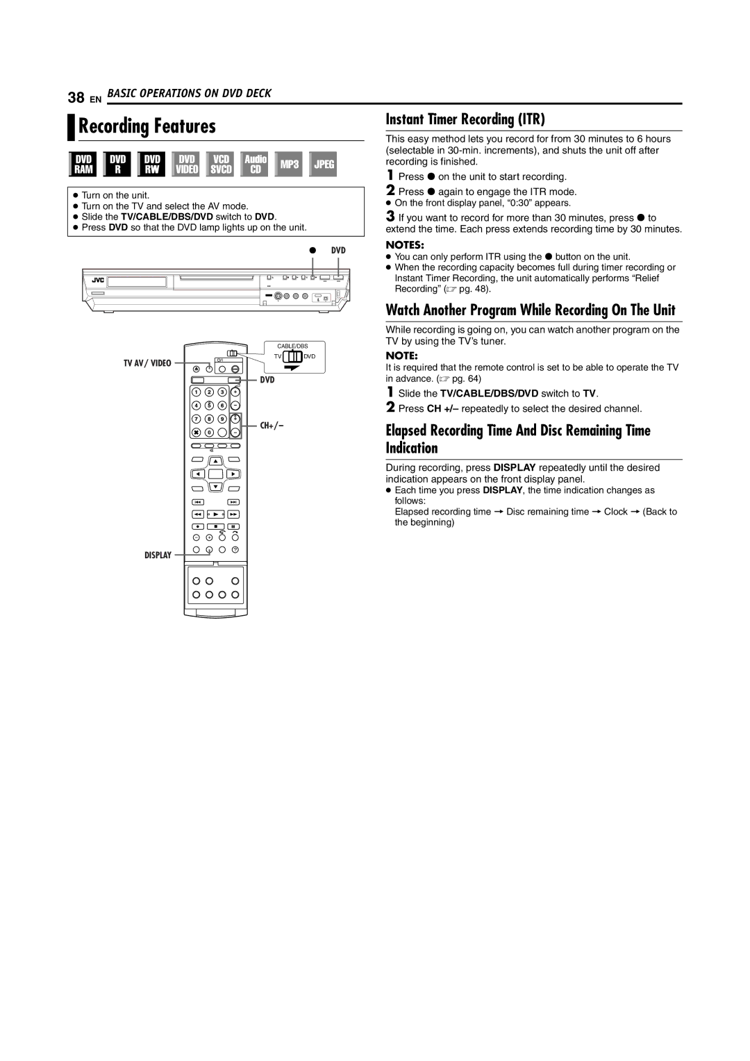 JVC DR-MH30S, DR-MH20S manual Instant Timer Recording ITR, Elapsed Recording Time And Disc Remaining Time Indication 