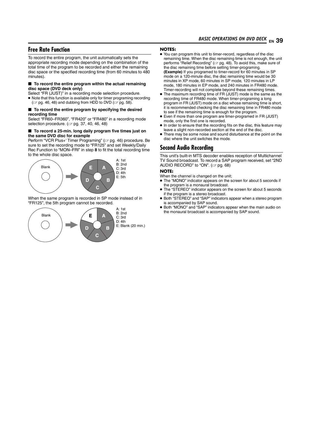 JVC DR-MH20S, DR-MH30S manual Free Rate Function, Second Audio Recording, Disc space DVD deck only, Recording time 