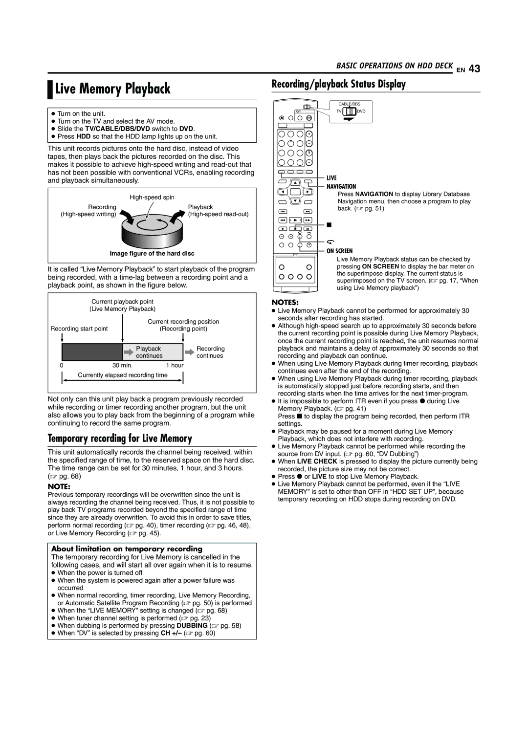 JVC DR-MH20S, DR-MH30S manual Live Memory Playback, Temporary recording for Live Memory, Recording/playback Status Display 