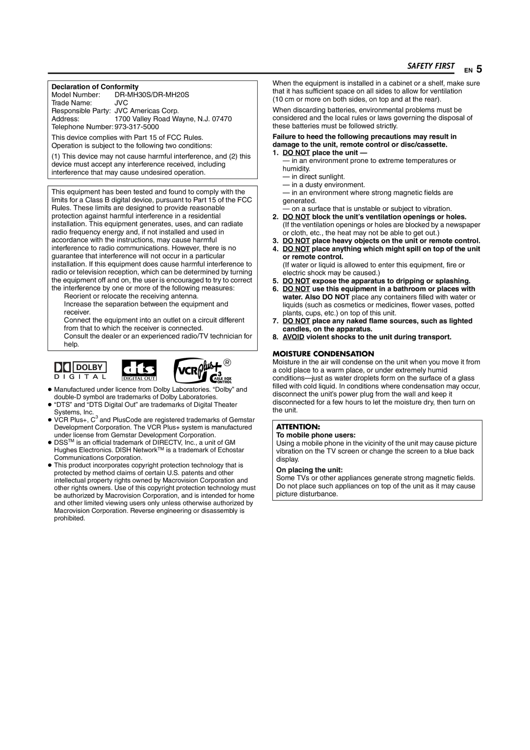 JVC DR-MH20S manual Declaration of Conformity, Do not place the unit, Do not block the unit’s ventilation openings or holes 