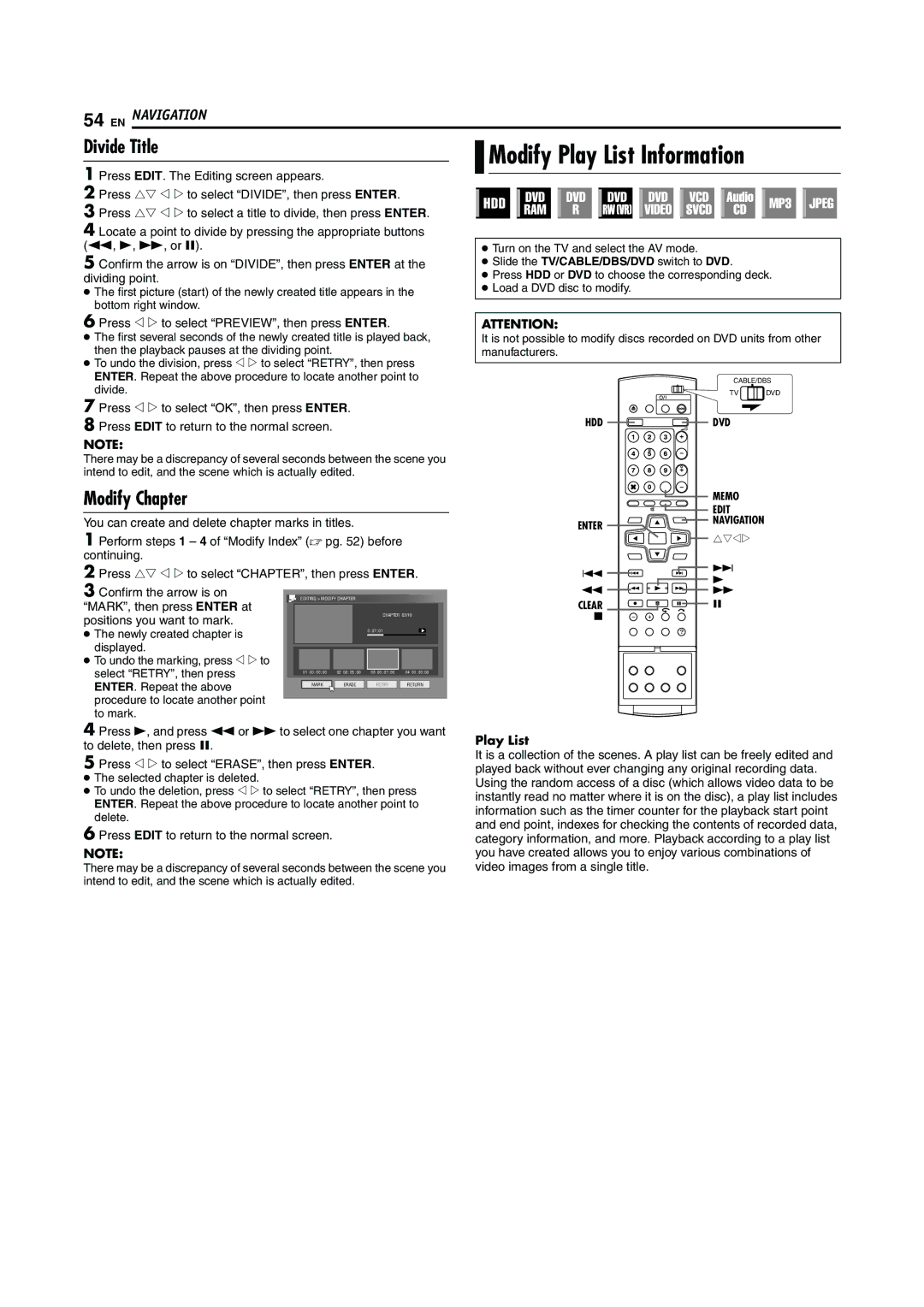 JVC DR-MH30S Modify Play List Information, Divide Title, Modify Chapter, Press w e to select PREVIEW, then press Enter 