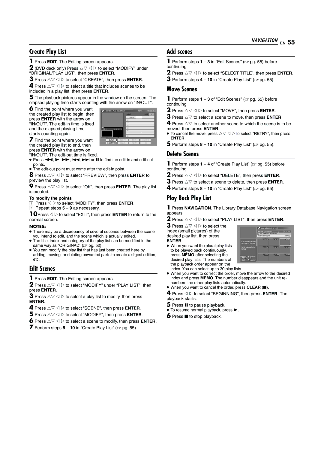 JVC DR-MH20S, DR-MH30S manual Create Play List, Move Scenes, Delete Scenes, Edit Scenes, Play Back Play List 