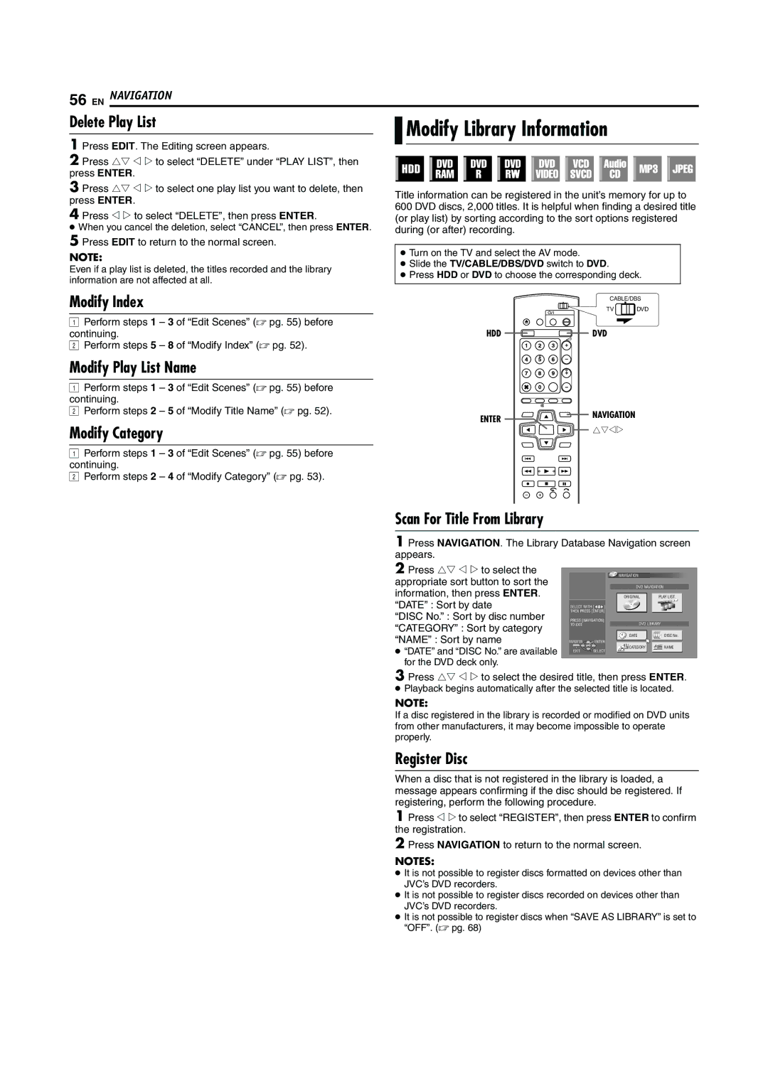 JVC DR-MH30S, DR-MH20S Modify Library Information, Delete Play List, Modify Play List Name, Scan For Title From Library 