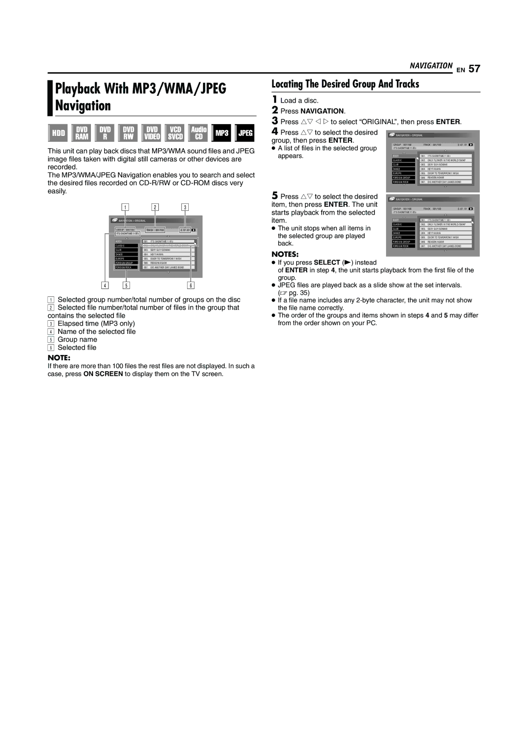 JVC DR-MH20S, DR-MH30S manual Locating The Desired Group And Tracks, Press Navigation 