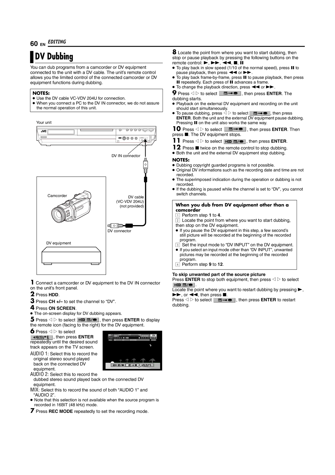 JVC DR-MH30S, DR-MH20S manual DV Dubbing, When you dub from DV equipment other than a camcorder 