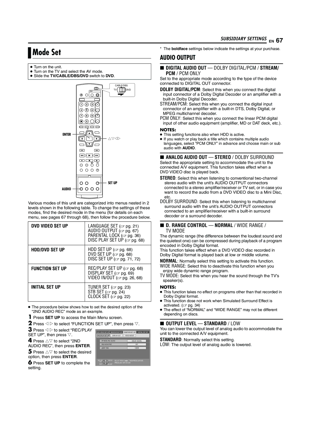 JVC DR-MH20S, DR-MH30S manual Mode Set, SET UP, then press t, Press rt to select 2ND, Audio REC, then press Enter 