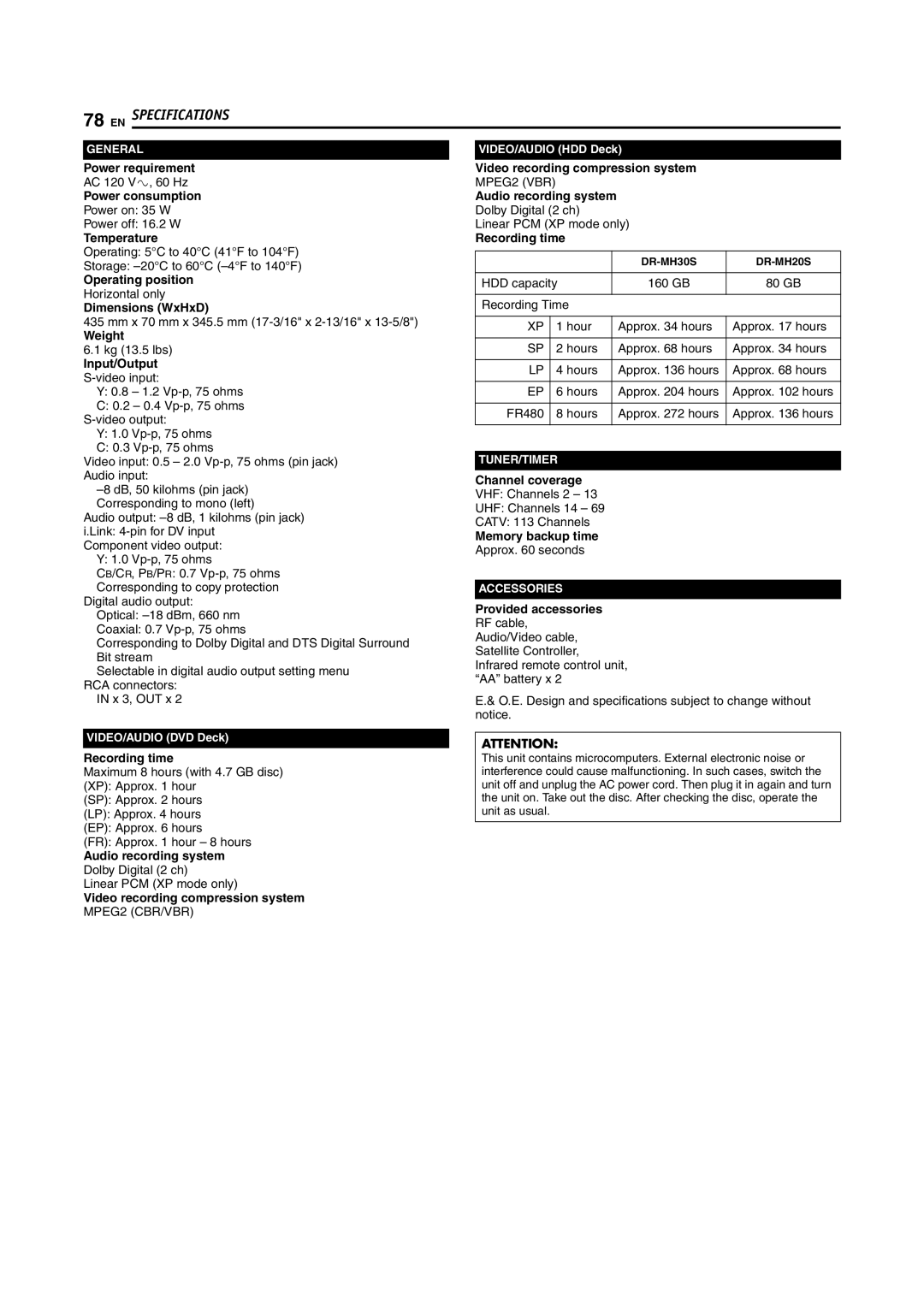 JVC DR-MH30S, DR-MH20S Power requirement, Power consumption, Temperature, Operating position, Dimensions WxHxD, Weight 