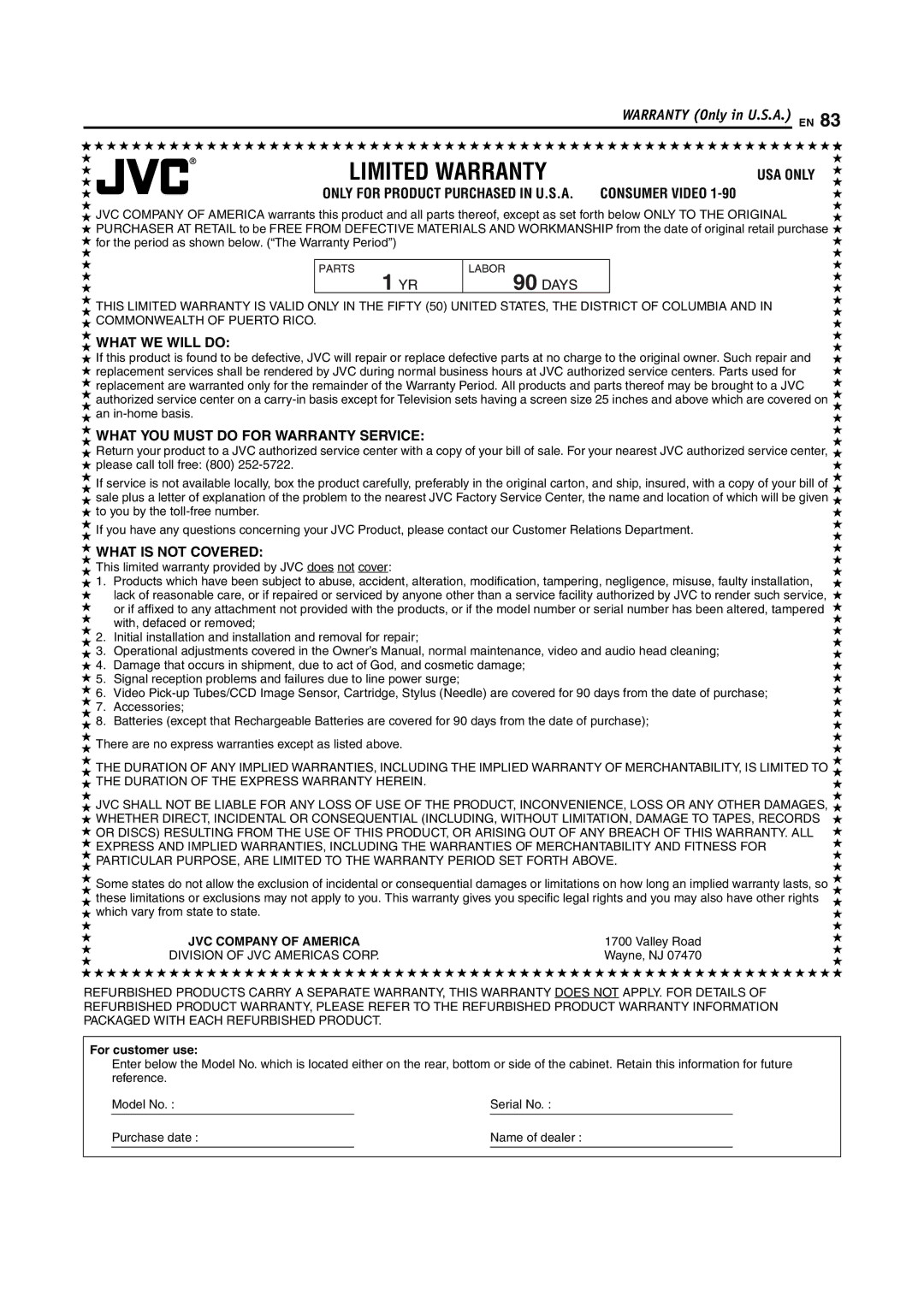 JVC DR-MH20S, DR-MH30S manual Limited Warranty, Division of JVC Americas Corp 