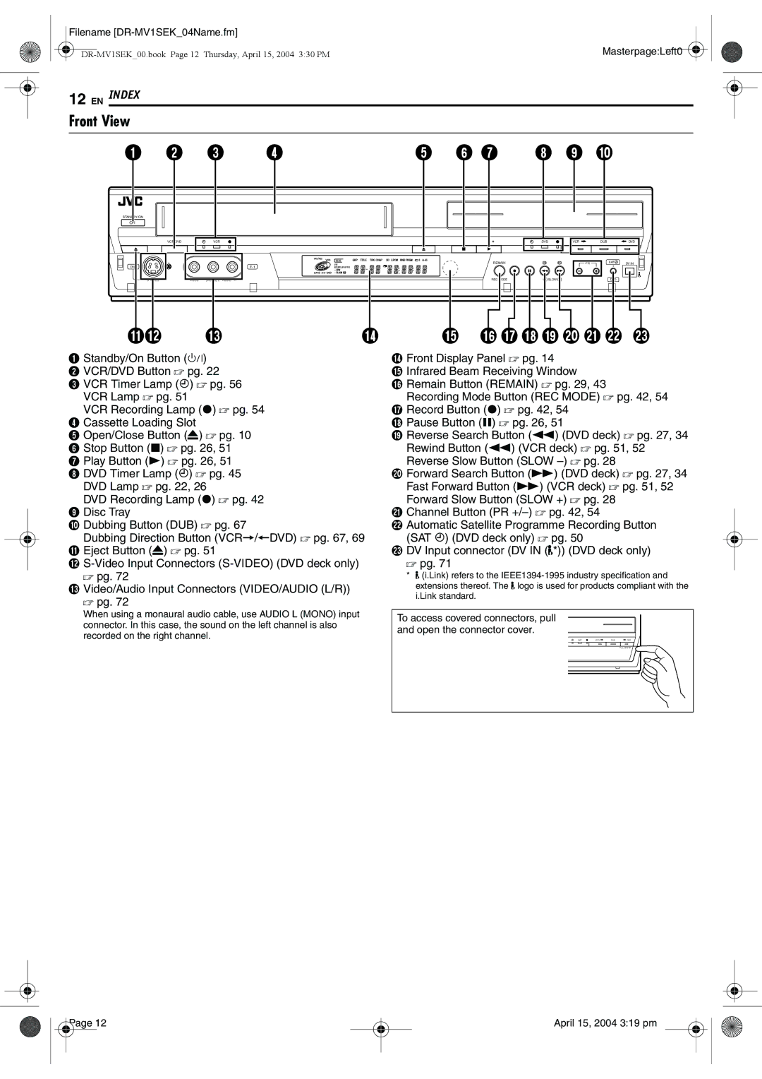 JVC DR-MV1B manual Front View, Filename DR-MV1SEK04Name.fm, April 15, 2004 319 pm 