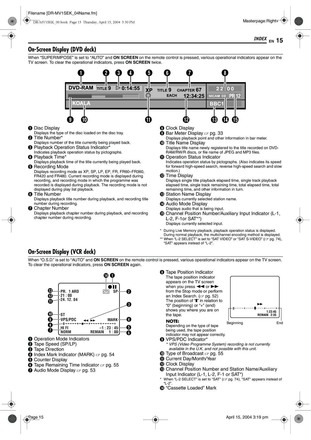 JVC DR-MV1B manual On-Screen Display DVD deck, On-Screen Display VCR deck 