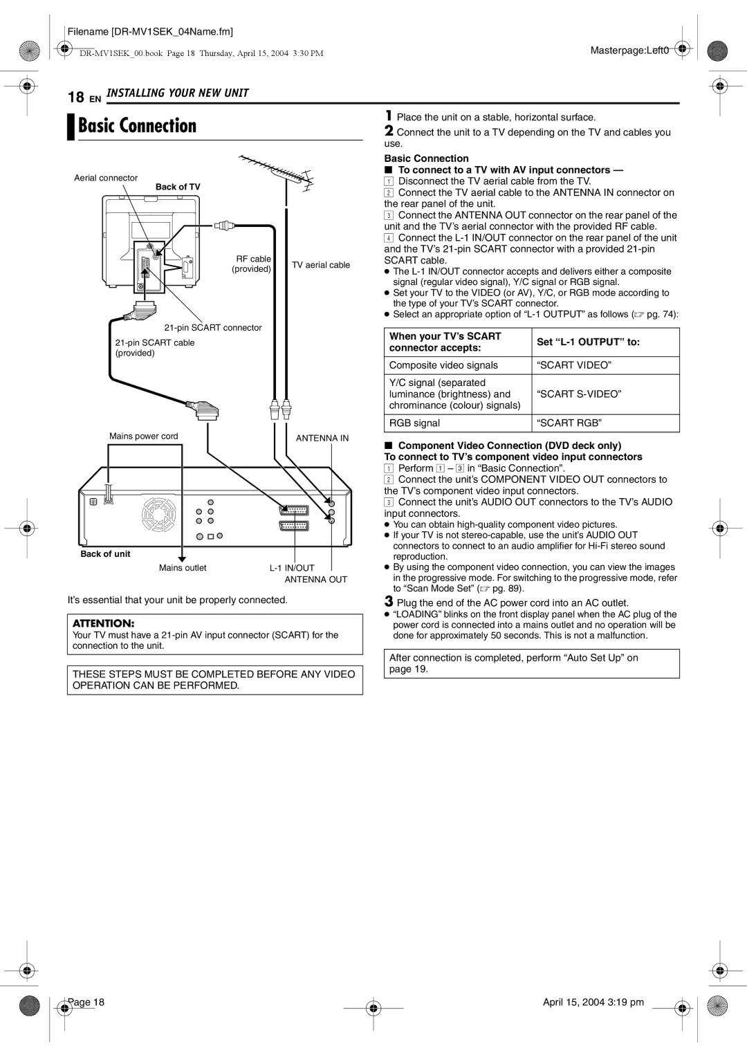 JVC DR-MV1B manual Basic Connection, To connect to a TV with AV input connectors, When your TV’s Scart, Set L-1 Output to 