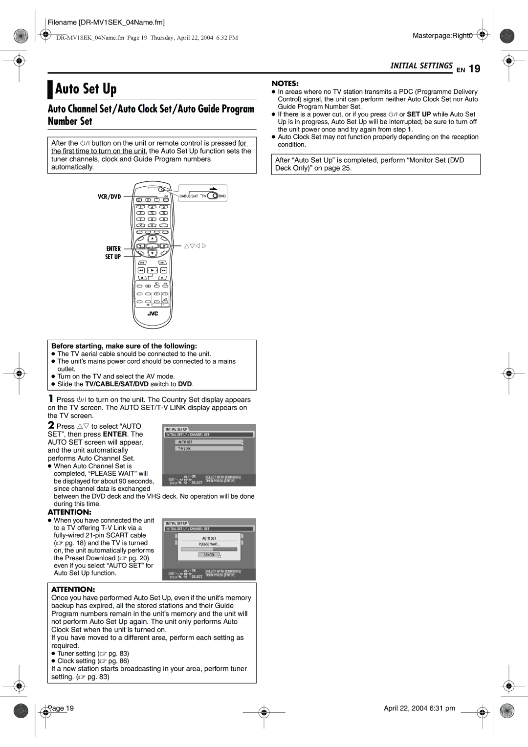 JVC DR-MV1B manual Auto Set Up, Number Set, Auto Channel Set/Auto Clock Set/Auto Guide Program 