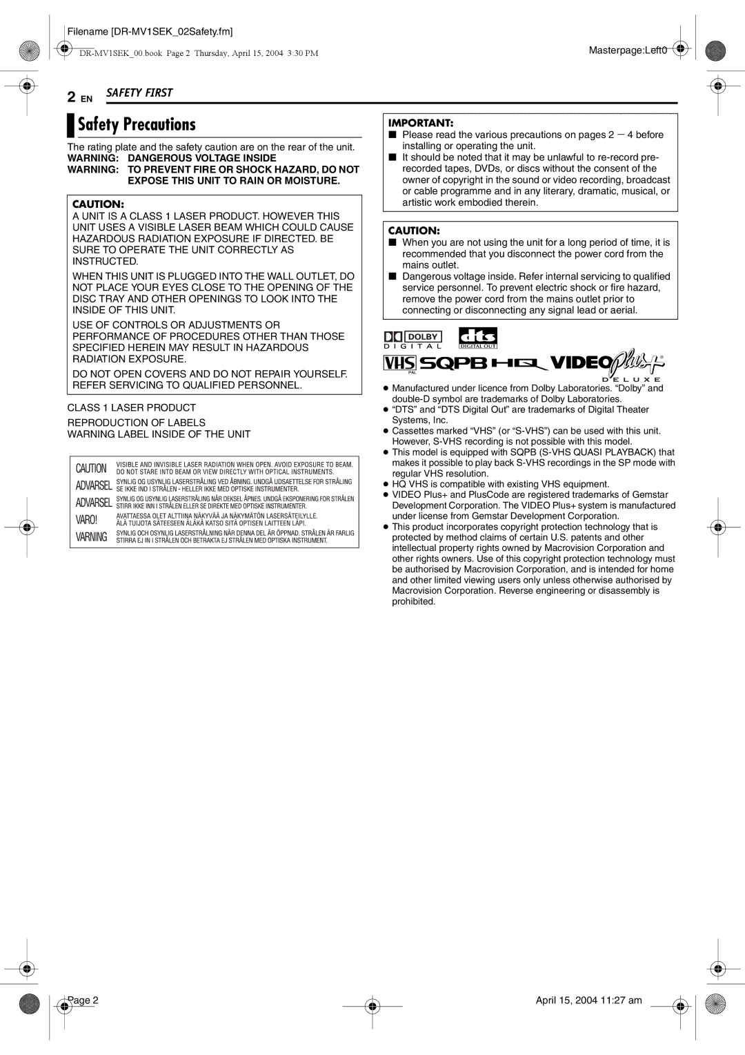 JVC DR-MV1B manual Filename DR-MV1SEK02Safety.fm, Mains outlet, April 15, 2004 1127 am, MasterpageLeft0 