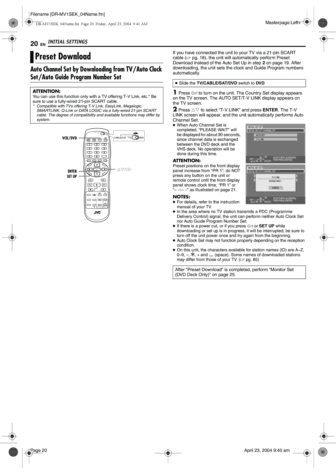 JVC DR-MV1B manual Preset Download, Set/Auto Guide Program Number Set, Auto Channel Set by Downloading from TV/Auto Clock 